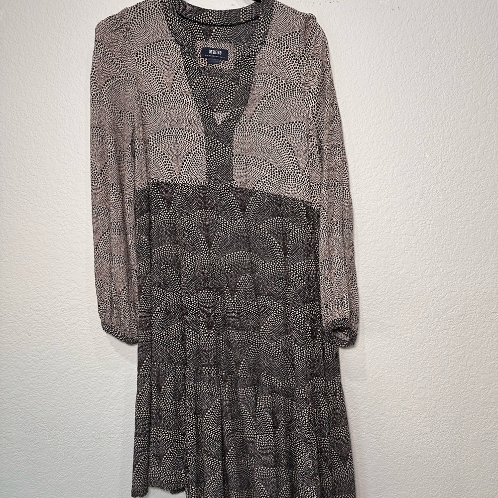 Maeve Anthropologie Womens Medium Dotted Fan Print V-Neck Tiered Mini Dres Black